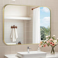 Brushed Gold Mirror, 40"x30" Rectangle Bathroom Mirror, Metal Frame Rectangle Corner Vanity Mirror, Wall Mounted Mirror for Modern, Living Room, Bedroom, Horizontal Or Vertical