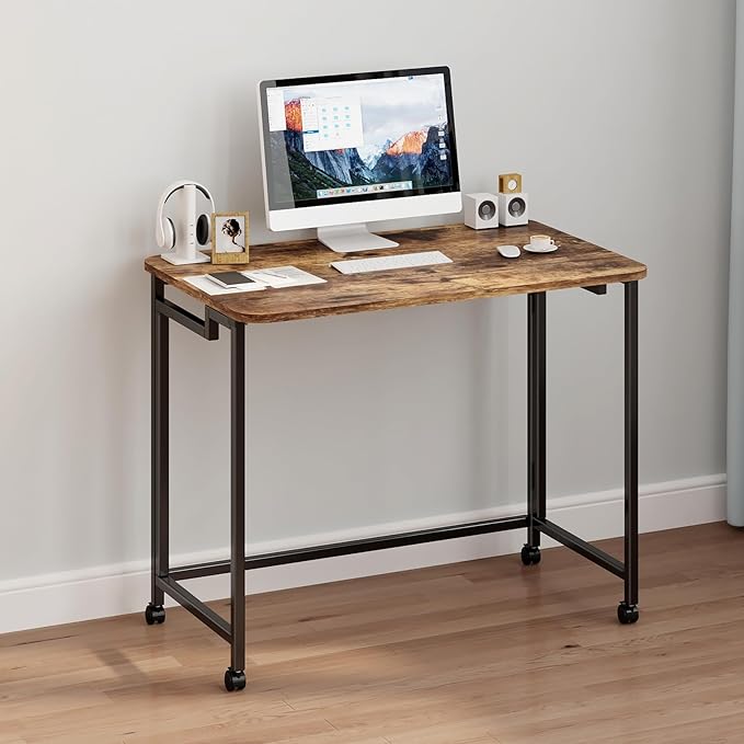 JSB Small Folding Computer Desk with Storage Bag and Hook Writing Modern Industrial Work Table Laptop for Home Office White (Rustic & Brown, 31.5")