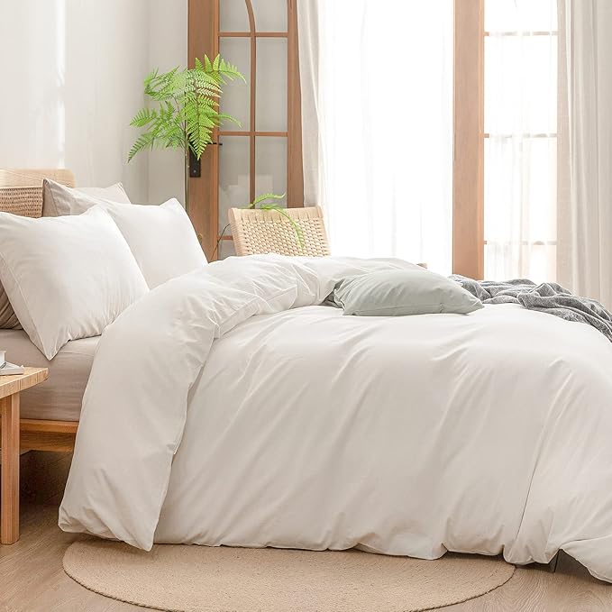 BESTOUCH Duvet Cover Set 100% Washed Cotton Linen Feel Super Soft Comfortable Chic Lightweight 2 PCs Home Bedding Set Solid Off White Twin/Twin XL