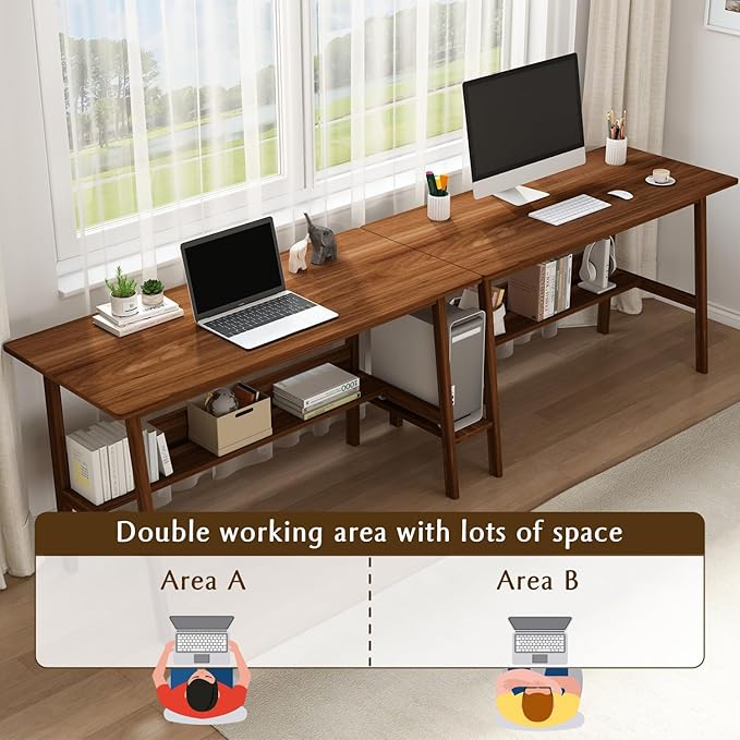 2-Person Writing Desk with Bookshelf - 79" Wooden Extra Long Home Office Work Table, Double Study Computer Workstation with Storage Shelves in White, 79" W x 24" D