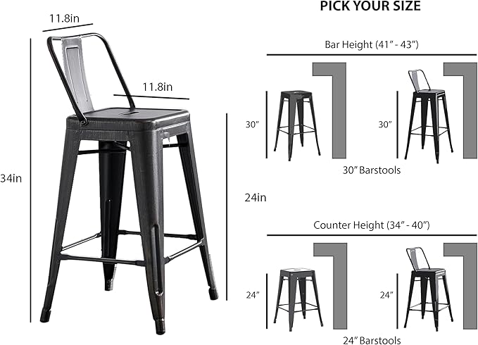 AC Pacific 24” Metal Barstool Set of 2 – Country Rustic Style with Low Back, Lightweight & Sturdy Build, Easy Assembly – Sanded Matte Midnight/Brushed Rusty Gold