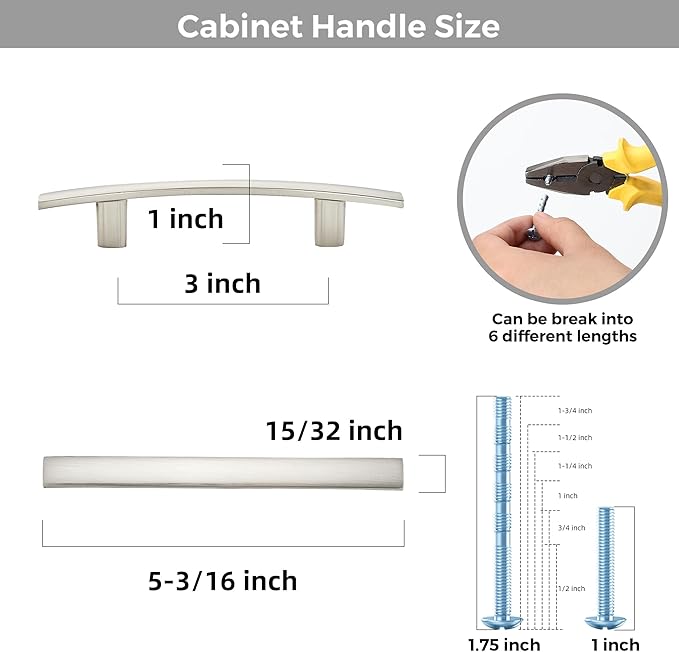 15 Pack Cabinet Handles 3" Hole Center - Curved Cabinet Pulls Brushed Nickel Drawer Pulls for Kitchen Cupboard Solid Hardware for Dresser Drawer Arch Hardware