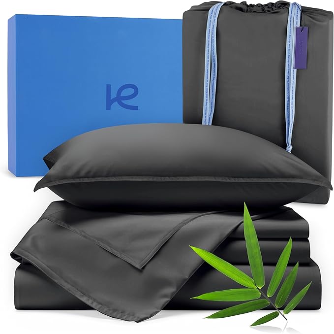 Kickoff Viscose Bamboo Sheets California King Size 4-pc 100% Organic Bamboo Viscose Bed Cooling Sheets Cal King Set Cool Bedding for hot Sleepers Sheet, Flat, Fitted, Pillowcases (Pewter, CK)