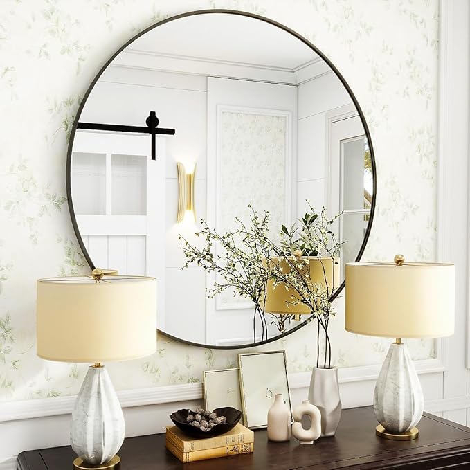 Black Round Bathroom Mirror, 30 inch Circle Wall Mounted Hanging Mirror with Simple Modern Circular Metal Frame for Hallway, Entryway, Living Room, Black Frame