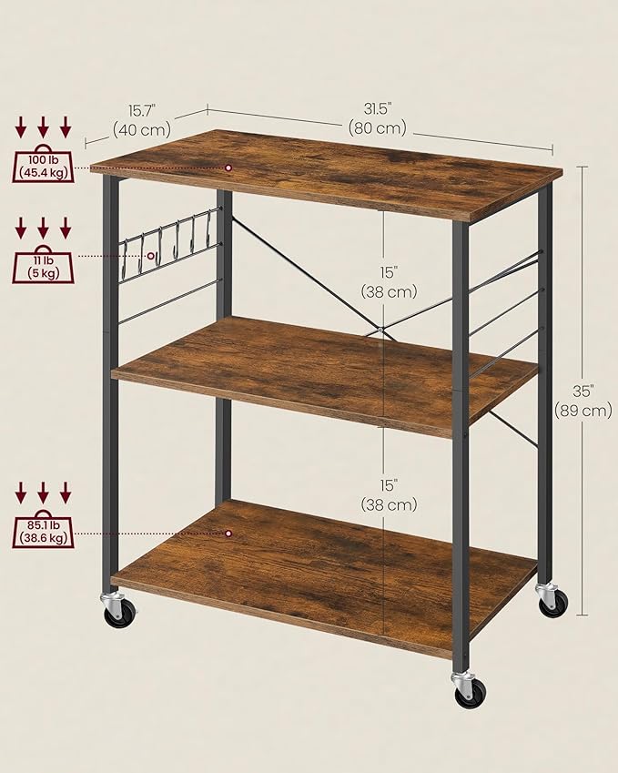VASAGLE Kitchen Shelf on Wheels, Serving Cart with 3 Shelves, Kitchen Cart, Microwave Shelf, for Mini Oven, Toaster, with 6 Hooks, Industrial Style, Rustic Brown and Black UKKS067K01