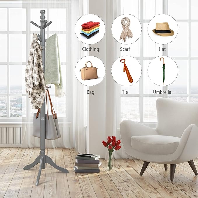 Tangkula Wood Coat Rack Freestanding, Entryway Height Adjustable Coat Stand with 9 Hooks & Stable Tri-Legged Base, Rubber Wood Coat Tree Hall Tree Coat Hanger for Home Office Hall Entryway (Grey)