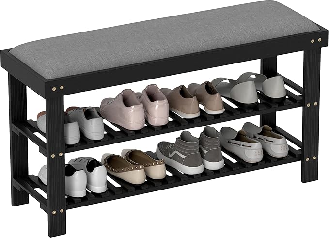 HOMCOM Bamboo Shoe Bench, 3-Tier Entryway Bench with Storage and Cushion, Shoe Organizer for Entryway, Hallway, Holds Up to 331 lbs, 35.4 x 11.4 x 19.3 Inches, Black