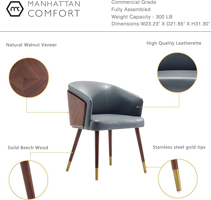 Manhattan Comfort Reeva Modern Dining Chair Upholstered in Tight Fit Leatherette, Accent Furniture with Solid Beech Wood Frame & Legs with Stylish Gold Tips, Set of 2, Graphite Grey