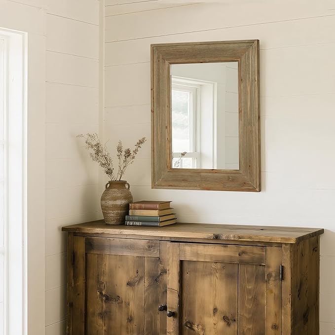 WallBeyond Rustic Wood Framed Mirror, 22" x 28" Farmhouse Decorative Wall Mirror, Vintage Solid Wood Rectangular for Bathroom, Entryway & Living Room, Natural