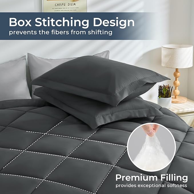 HEVUMYI Twin-XL Comforter Set - 5-Piece All Season Bed in a Bag Twin-XL, Ultra Soft Bedding Set with Comforter, Flat Sheet, Fitted Sheet, Pillowcases, Pillow Shams, Dark Grey & Light Grey