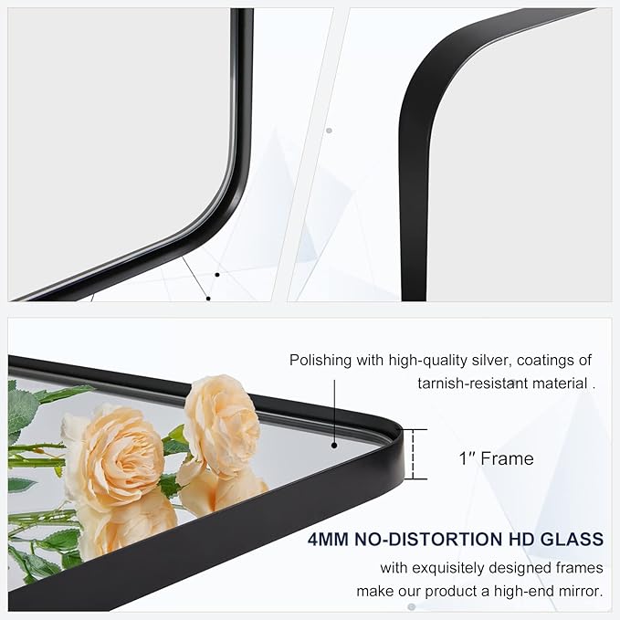MOON MIRROR Matte Black Rounded Rectangle Pivot Mirror for Bathroom, Vanity, Overall 26.33x30 in (Without Bracket 22x30 in), Hangs Vertical Only