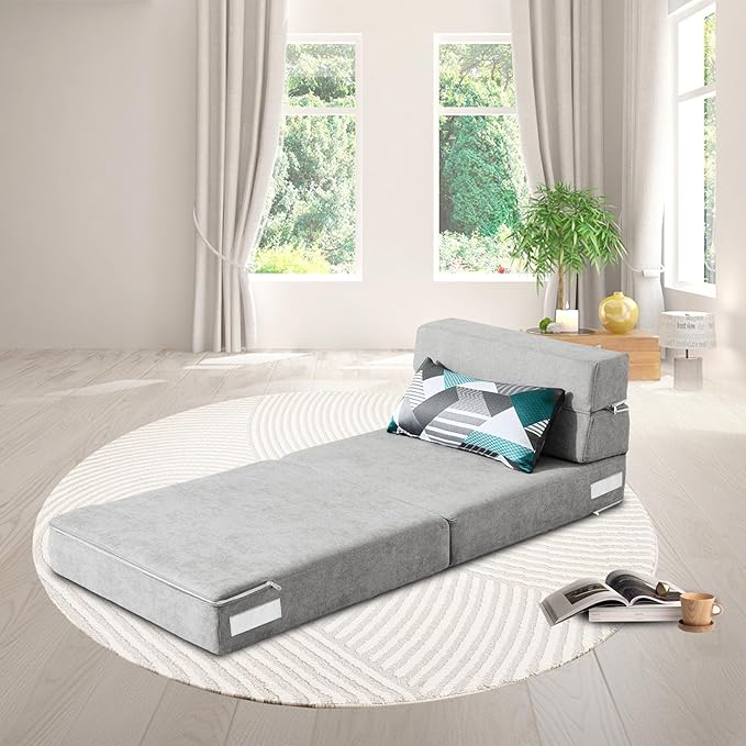 ANONER Folding Sofa Bed Couch Memory Foam Fold Out Chair Bed with Pillow, Single Size Convertible Sofa Bed Futon Sleeper Chair, Light Gray