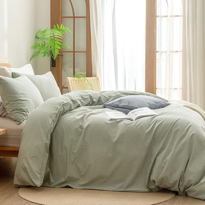 BESTOUCH Duvet Cover Set 100% Washed Cotton Linen Feel Super Soft Comfortable Chic Lightweight 3 PCs Home Bedding Set Sage Green King