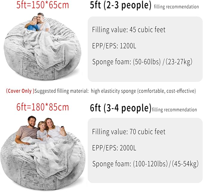 (No Filler) Bean Bag Chair Cover Without Filler,Big Round Soft Fluffy PV Velvet Washable Bean Bag Lazy Sofa Bed Cover for Adults,Living Room Bedroom Furniture Outside,6ft Snow Grey