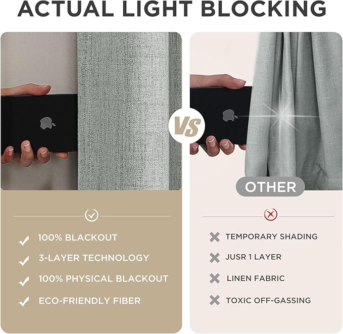 Joydeco 100% Blackout Curtains for Bedroom - Natural Linen Curtains 70" W x 108" L Long, Thermal Insulated 1 Panels Light Grey. Room Darkening Light Blocking Drapes for Living Room
