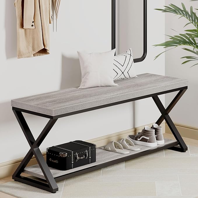 IBF Industrial Wood Entryway Bench, Indoor Farmhouse Hallway Accent Entry Bench for Seating Sitting with Storage, Metal Shoe Rack Grey Bench Organizer in Foyer Bedroom, Light Grey Oak, 47 Inch Long