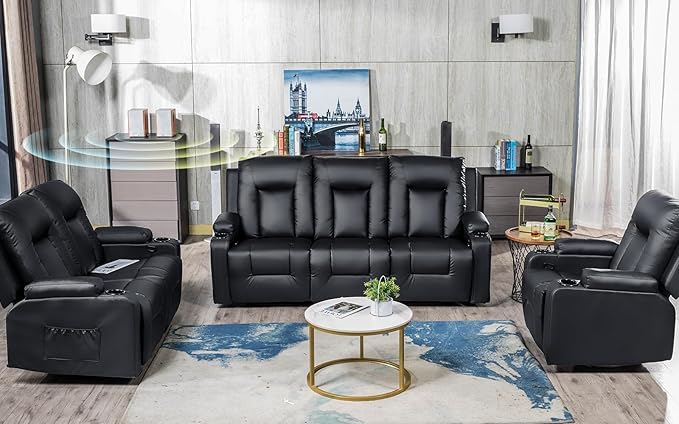 COMHOMA Living Room Furniture Set,Bonded Leather Sofa with Massage,Cup Holder Recliner Chair,3+2+1,Black