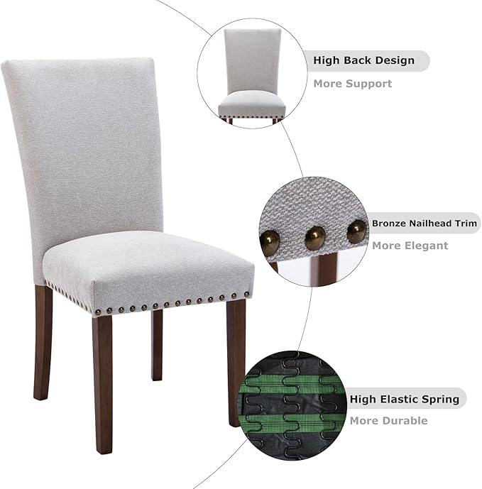 COLAMY Upholstered Parsons Dining Chairs Set of 4, Fabric Dining Room Kitchen Side Chair with Nailhead Trim and Wood Legs - Light Grey