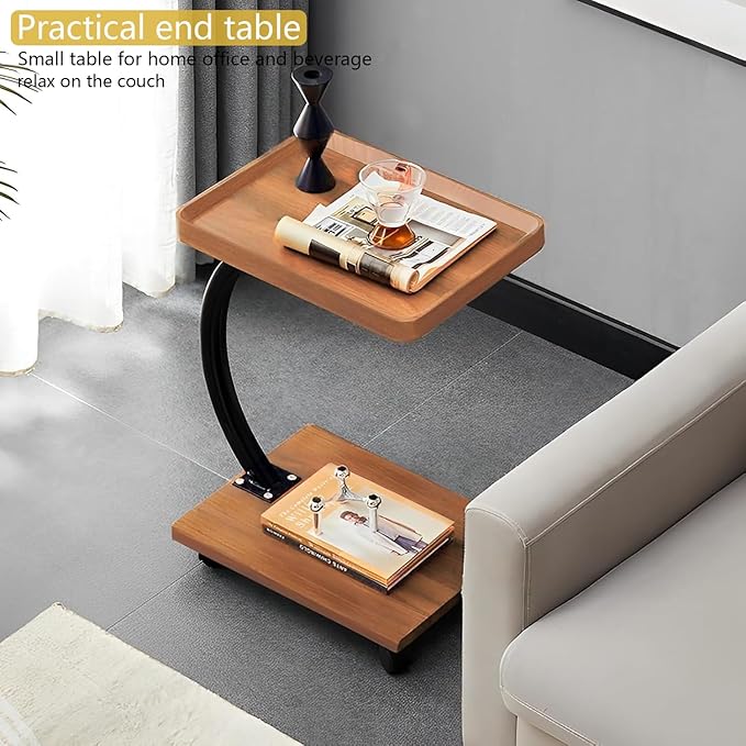 C Table End Table,360°Swivel TV Tray Table for Small Spaces, Couch Tables That Slide Under, C Shaped Side Tables with Wheels for Living Room and Bedroom, Bed,Chair, Snack Table