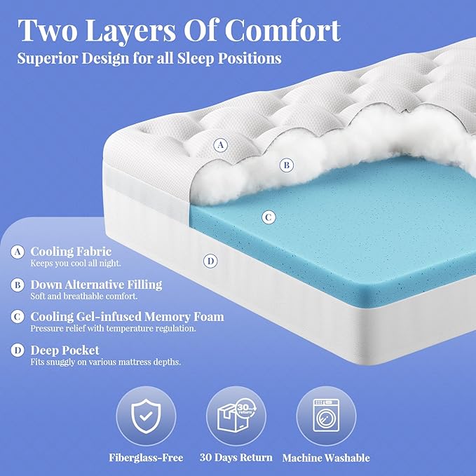 OhGeni Cooling 4 inch Dual Layer Queen Mattress Topper, 2 inch Cooling Gel Memory Foam, 2 inch Down Alternative Pillow Top Pad, Mattresses Cover for Bed, Medium Support, Fits 6”-19” Deep Pocket