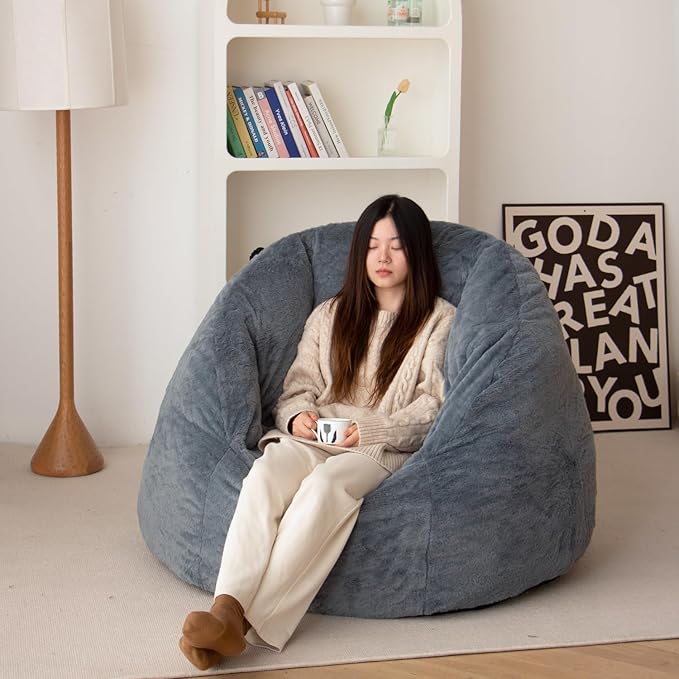 N&V Large Shell Bean Bag Chair, Adult Size Bean Bag Sack, Foam Filling, Includes Removable and Machine Washable Cover, 40in, Soft Faux Fur, Blue