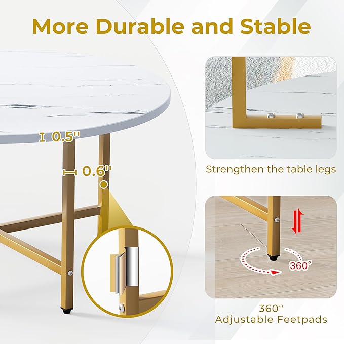 Coffee Table, 23.6" Coffee Tables for Living Room, Round Coffee Table with Metal Frame, Floor Table for Sitting on The Floor, Home, Office, White & Gold Legs