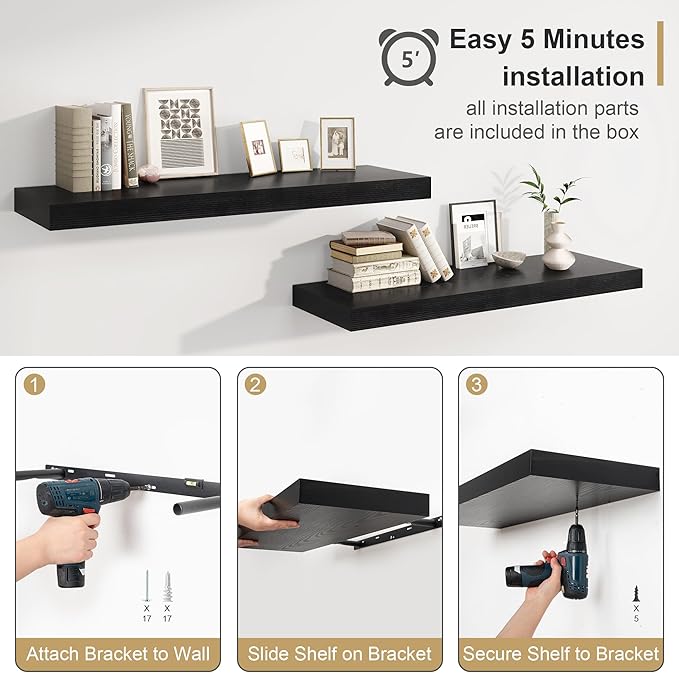 Heimlove Black Bathroom 12'' Deep Floating Shelves for Wall - Shelf Over Toilet Wall Mounted Farmhouse 24 inches,Rustic Wood Shelves Decor & Storage,Set of 1