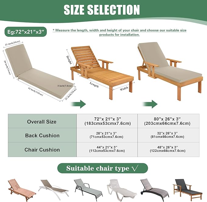 Chaise Lounge Cushions Outdoor Set of 4 - Waterproof and Fade Resistant Sun Lounger Replacement Cushion - Patio Lounger Pads with Removable Cover for Pool, Deck, Lawn, 80 x 26 x 3 Inch, Cream
