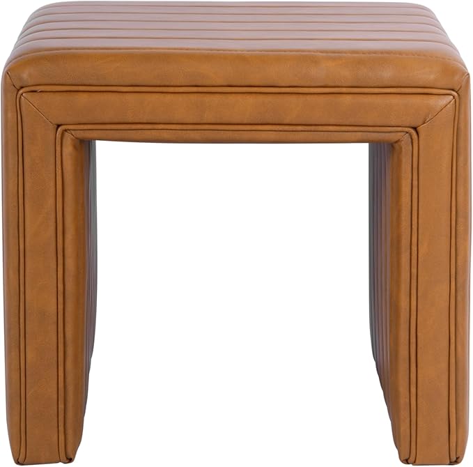 HomePop Modern Channel Tufted Faux Leather Ottoman Home Décor|Ottoman for Living Room & Bedroom - Carmel Brown