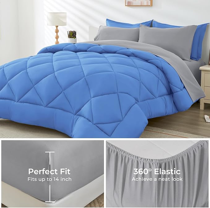 HEVUMYI Royal Blue & Light Grey Queen Comforter Set - 7-Piece All Season Bed in a Bag Queen, Ultra Soft Bedding Set with Comforter, Flat Sheet, Fitted Sheet, Pillowcases, Pillow Shams, Royal Blue