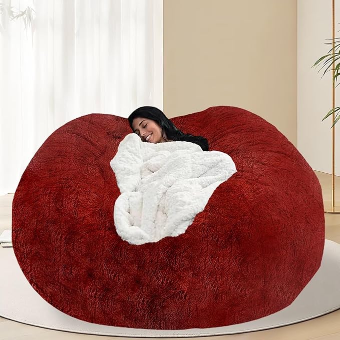 BCU 6FT Bean Bag Chair for Adults and Kids Without Filler Giant Stuffed Animal Storage Cover Soft Faux Fur Floor Chair Cover for Bedroom Living Room, Burgundy Red