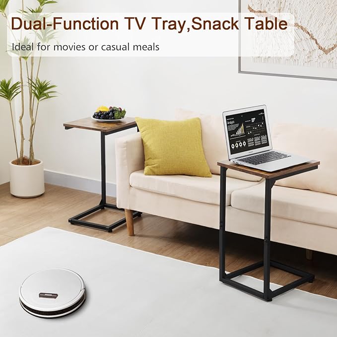 AMHANCIBLE C Shaped End Tables, TV Trays Set of 2 for Living Room, Slide Under Couch Table for Sofa, Bedroom, Small Space, Rustic Brown HET02CBR