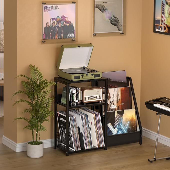 LELELINKY Black End Table,Record Player Stand with Vinyl Storage,3 Tier Side Table with Display Shelf Storage Up to 150 Albums,Industrial Large Record Holder Cabinet for Living Room