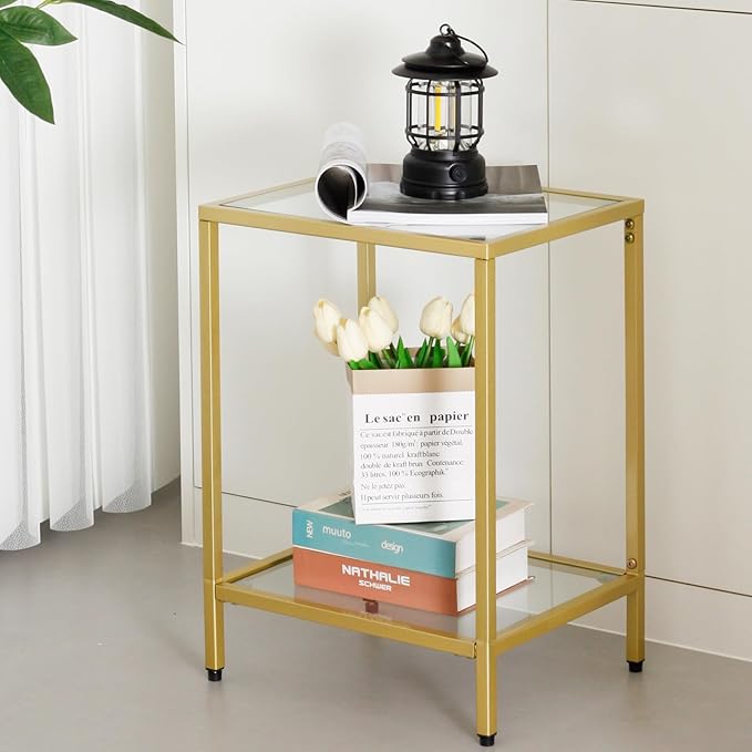 Modern 2-Tier Tempered Glass End Table - Stylish Black Metal Side Table for Small Spaces, Perfect for Living Room & Bedroom (Gold, 2PCS)