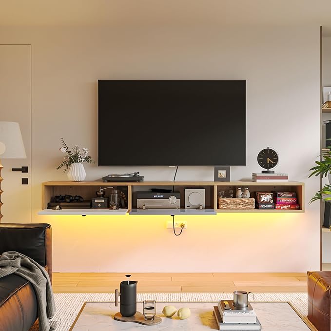 Modern Floating TV Stand with Doors, 55‘’ Wall Mounted Media Console Cabinet Under TV Shelf for Living Room Bedroom, Natural