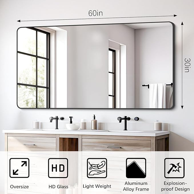 FORBATH Bathroom Mirror 30" X 60"，Large Rectangular Wall Mirror, Black Metal Framed Rounded Corner Wall Mounted Mirror for Bathroom Bedroom Entryway Decor(Horizontal/Vertical)