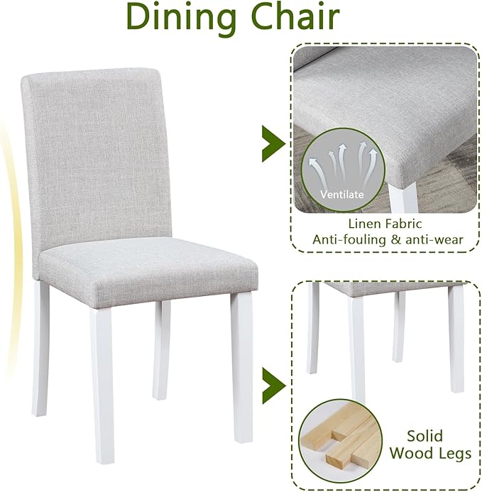 KEIKI 5-Piece Standard Height Dining Table Set with Rectangular Table and 4 Upholstered Chair, for 4 Person, Modern Crystal Decoration Wooden Table Set, Easy Assembly, for Kitchen, Dining Room, White