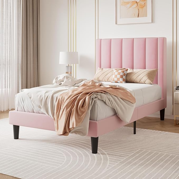 SHA CERLIN Twin Bed Frame/Velvet Upholstered Platform Bed Frame with Headboard/Strong Wood Slats Support/Mattress Foundation/No Box Spring Needed - Pink
