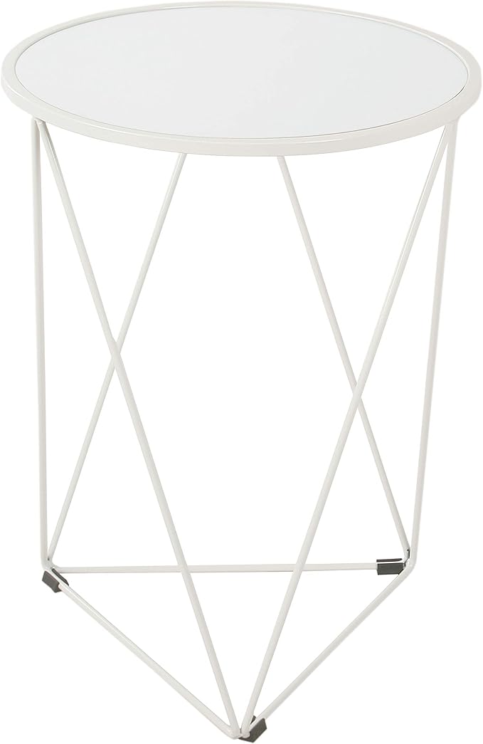 HomePop Metal Accent Table Triangle Base Round Mirror Top, White 18.24D x 24W x 18H in