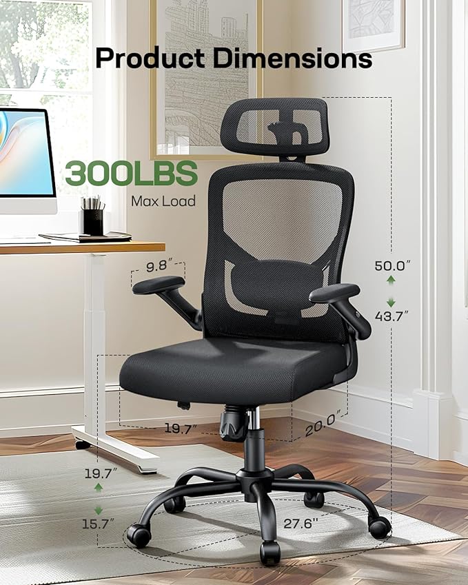 Marsail Ergonomic Mesh Office Chair High Back Desk Chair Adjustable Lumbar Support with Headrest Flip-Up Liftable Arms Swivel Computer Task Chair for Big and Tall People