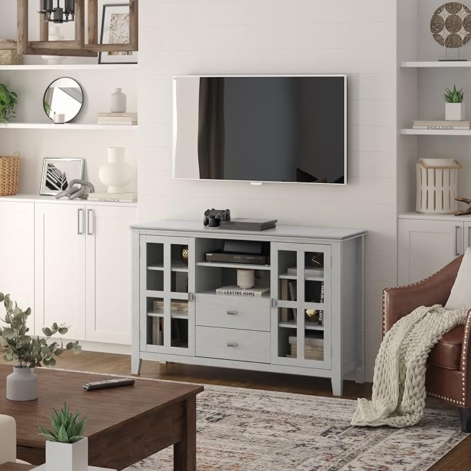 SIMPLIHOME Artisan SOLID WOOD 53 inch Wide Contemporary TV Media Stand in Fog Grey For TVs up to 60 inches for the Living Room and Entertainment Center