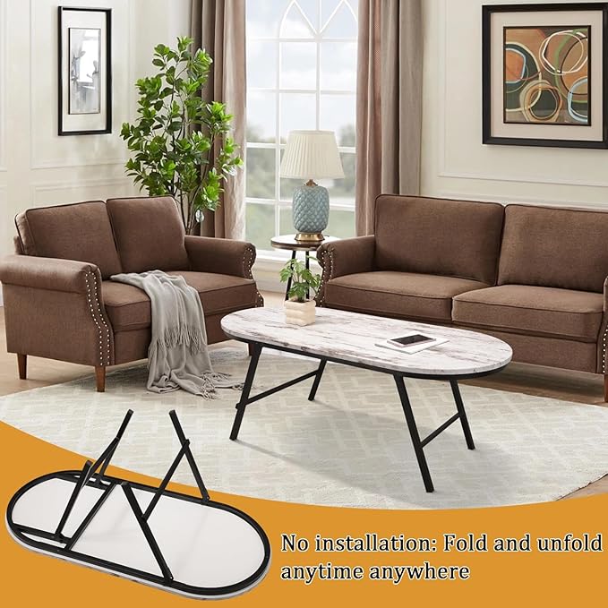 Folding Small Coffee Table Wood Low Coffee Tables with Metal Legs Portable Oval Center Table Rustic Farmhouse Furniture for Living Room Small Spaces Apartment