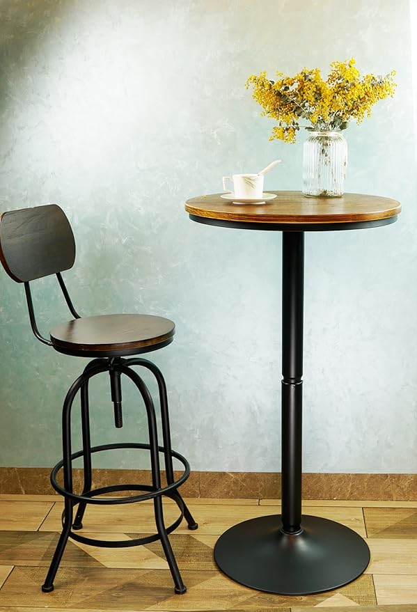 Round Bar Height Bistro Pub Table - Natural Wood Top, Heavy Metal Frame, 21.7 Inch Top, 40.5 Inch Height