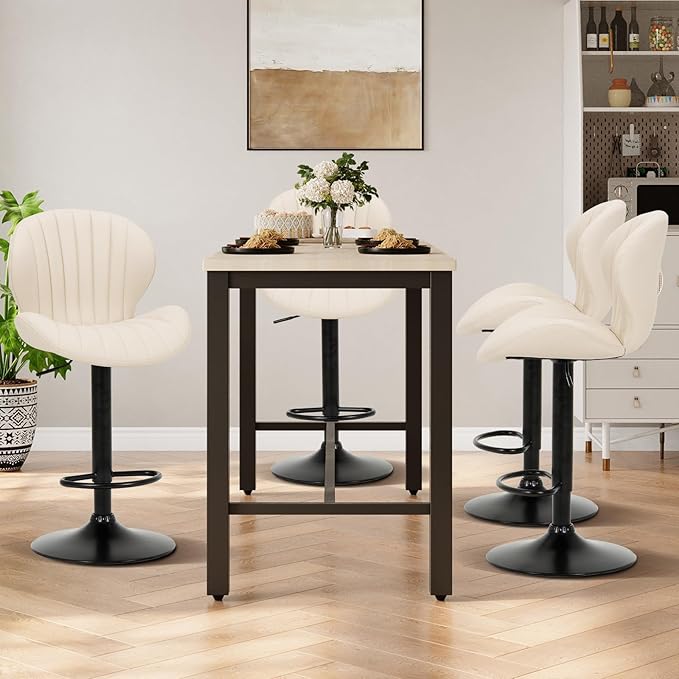 COLAMY Bar Stools Set of 6, Modern Swivel Bar Chairs, Adjustable Faux Leather Upholstered Barstools Counter Height with High Backrest for Bar, Kitchen Island, Dining Room, Beige