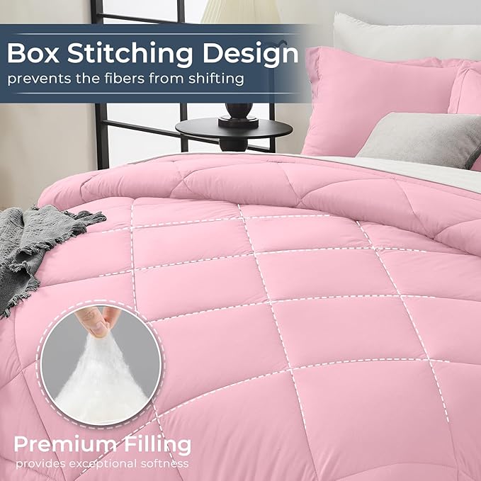 HEVUMYI Full Comforter Set - 7-Piece All Season Bed in a Bag Full, Ultra Soft Bedding Set with Comforter, Flat Sheet, Fitted Sheet, Pillowcases, Pillow Shams, Pink & Ivory