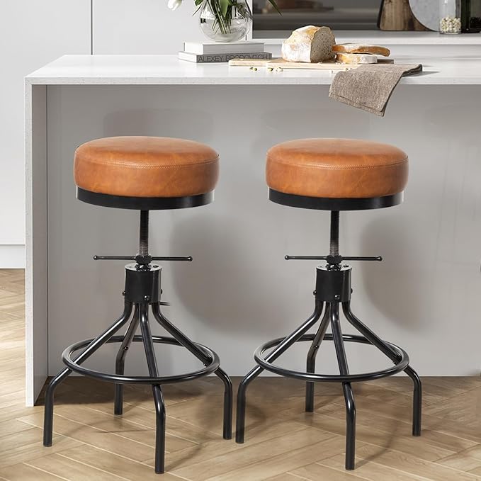 Industrial Bar Stools Set of 3 Adjustable Swivel Barstools Modern PU Leather 28inch Round Backless Counter Height Stool Metal Bar Chair for Kitchen Island (3, Brown)