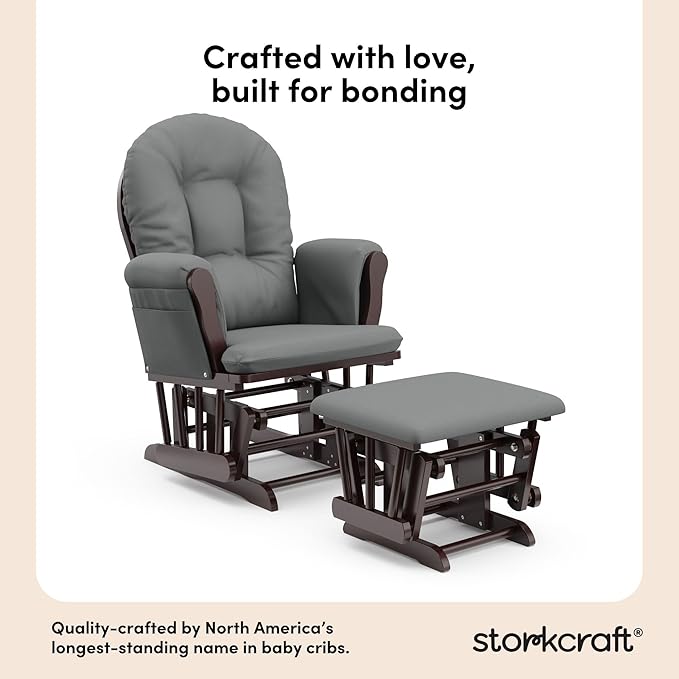 Storkcraft Premium Hoop Glider & Ottoman (Espresso/Gray) — GREENGUARD Gold Certified Nursery Glider, Solid Wood Craftsmanship, Smooth-Gliding Nursery Chair and Ottoman, Award-Winning