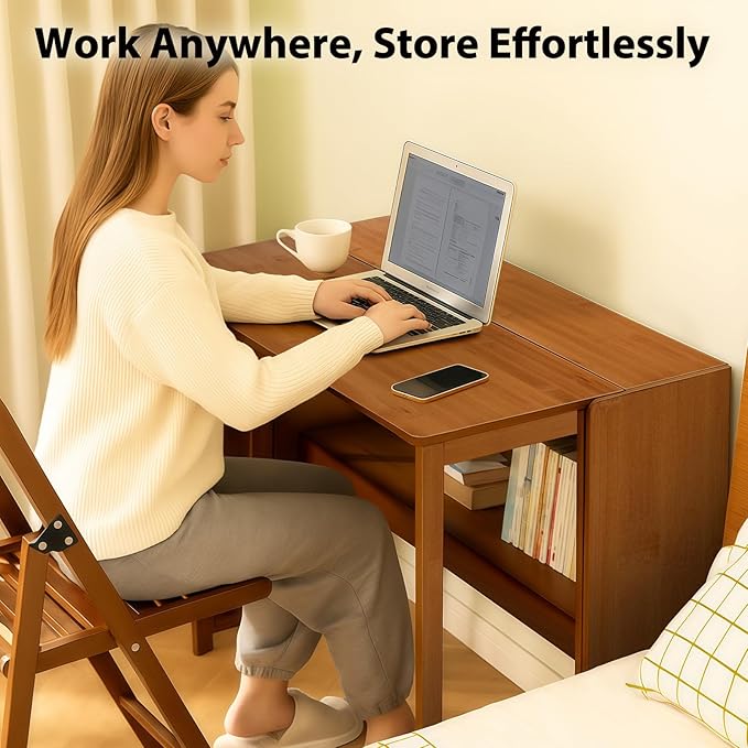 39.37" Bamboo Folding Desk,Space-Saving Computer Desk for Small Spaces, Foldable Study Table for Bedroom, Home Office, Dorm, Apartment (Brown)