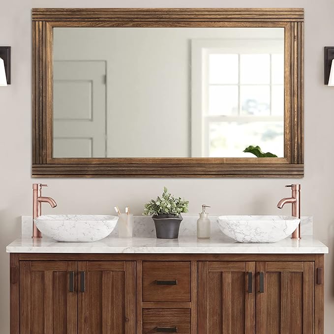 YOSHOOT Hand-Made Wooden Spliced Wall Mirror for Bathroom, Rustic Farmhouse Vanity Mirror, Décor Wall Art, Solid Wood Frame, Vertical or Horizontal Hanging
