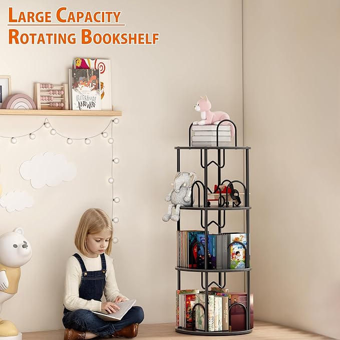 3 Tier Rotating Bookshelf, 360° Spinning Bookshelf Tower, Round Narrow Space Saving for Books and Display, Revolving Bookcase Corner Tall Book Shelf for Small Spaces, Bedroom, Living Room, Black